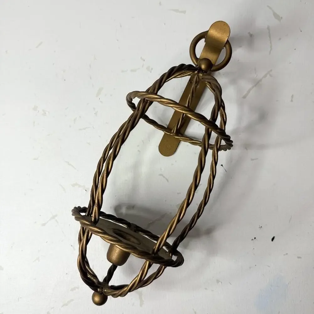 Vintage Twisted Metal Caged Candle Stick Wall Sconce Gold MCM Style